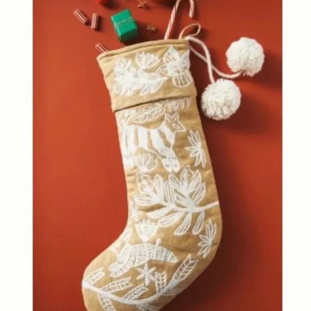 NWT Anthropologie Forage Pom Embroidered Christmas Stocking - Picture 2 of 3